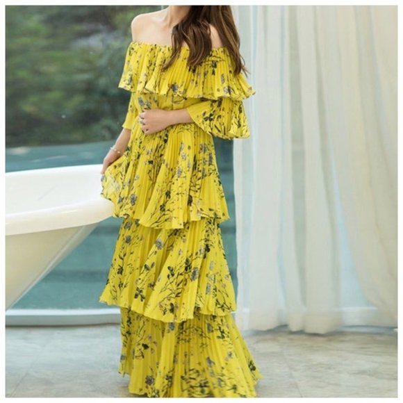 Yellow Floral Layered Off The Shoulder Dress Medium Large - Picture 3 of 7